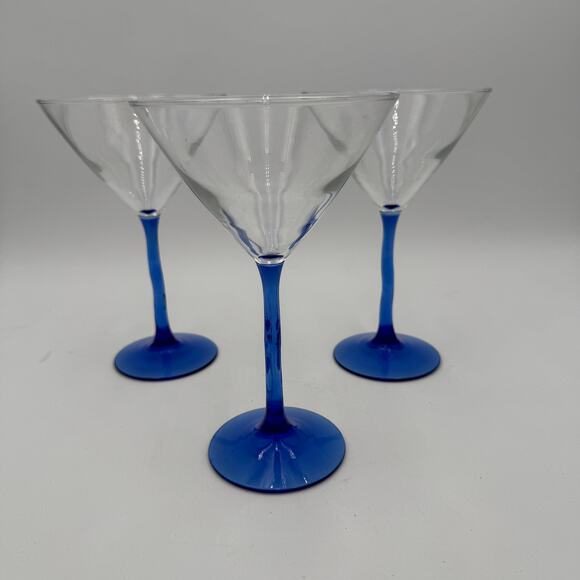Libbey Martini Glasses in Courbe Pattern Blue Stem Set of 3 - Picture 3 of 8
